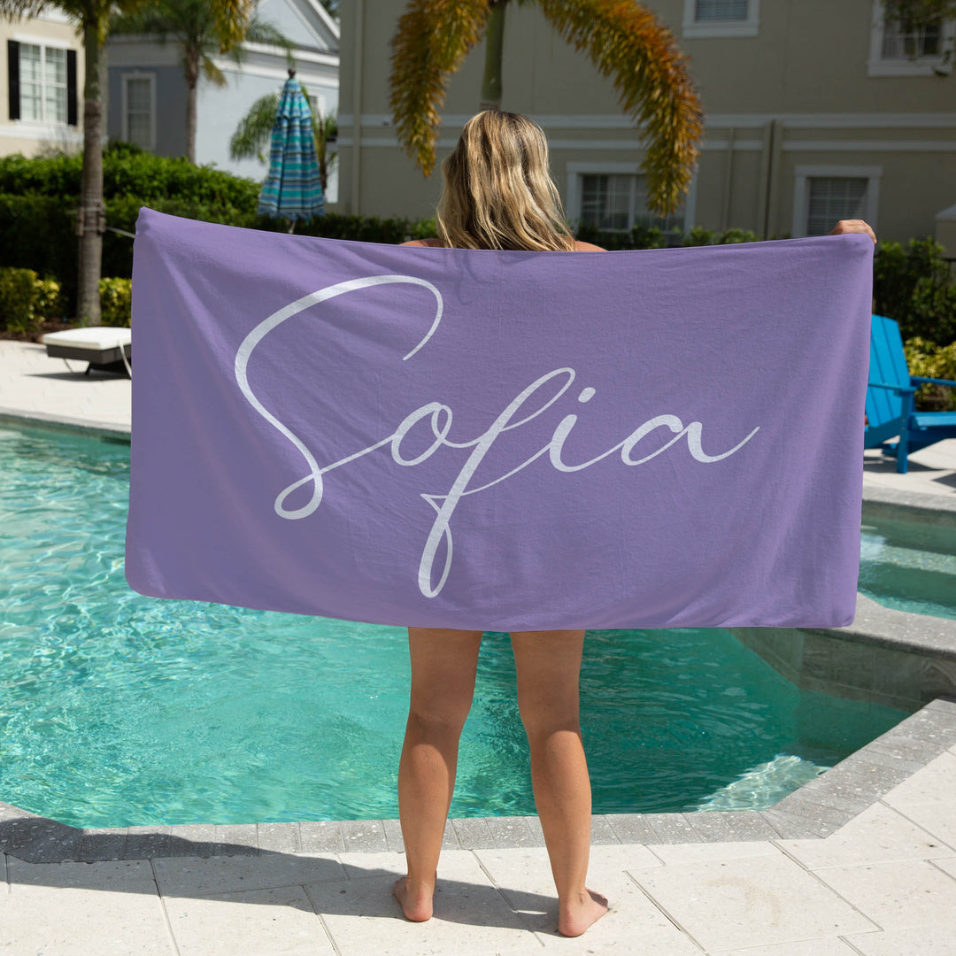 personalised kids beach towels purple